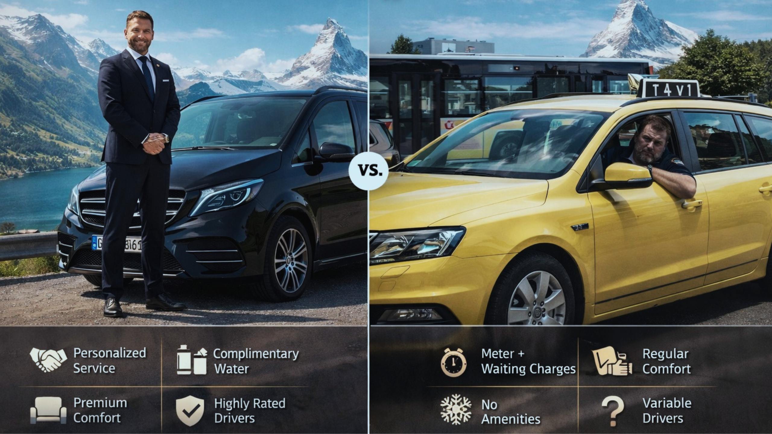 Transferts de luxe en Suisse vs. Taxi : Quelle est la différence